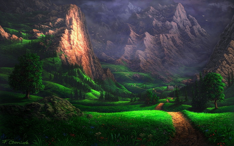 artwork, digital art, mountains, rock, house, grass, sunlight, dirt road, flowers, mist, drawing, trees, birds, path, forest, nature, 1080P