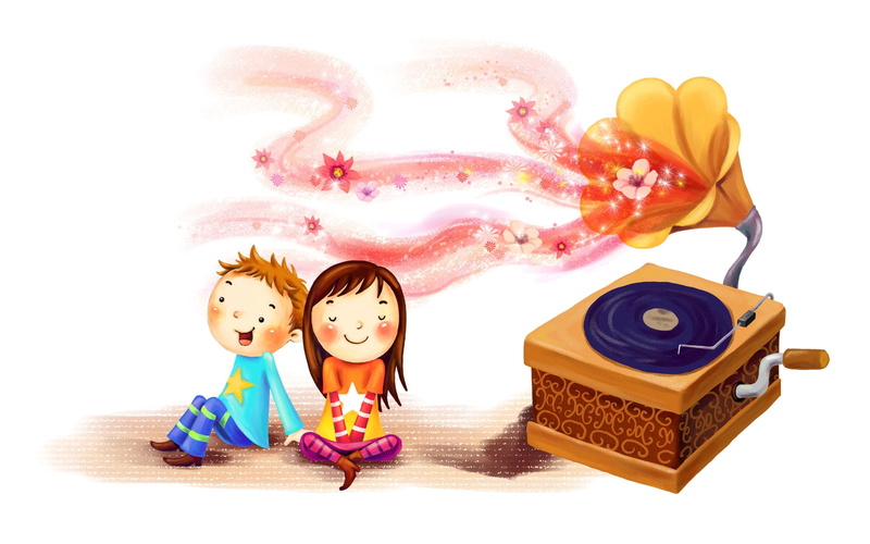 toy, gramophone, wood - Material, computer Graphic, isolated, human representation, females, fun, studio shot, front view, girl, boy, art and craft, glow