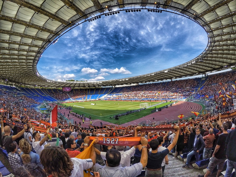 prato, group of people, real people, audience, built structure, match, the olympic stadium, stadium, sport, football, as roma, high angle view, crowd, cloud - sky