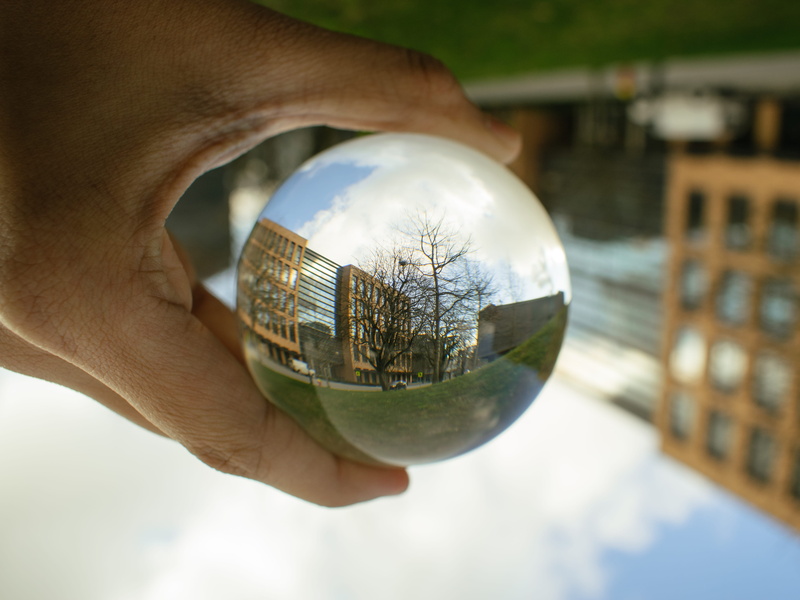 human hand, ubc, reflections, transparent, crystal ball, outdoors, nature, one person, 5K, hand, fall, canada, glass - material, glass, human finger, architecture