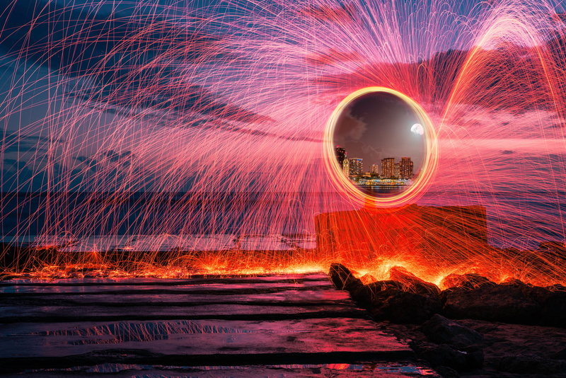 water, sparks, burning, transport, blurred motion, outdoors, speed, teleport, no people, illuminated, night, 5K, firework, spinning, nature, glowing, long exposure