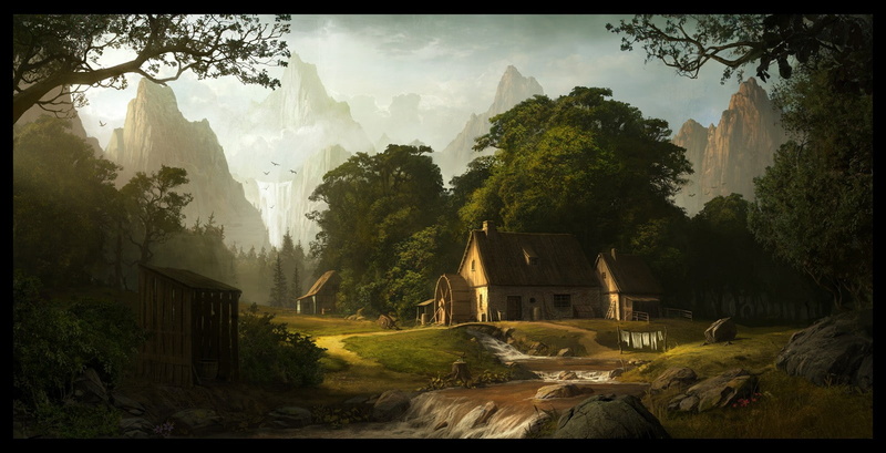 artwork, landscape, 720P, Andree Wallin, fantasy art, mountains, mill, lake, concept art