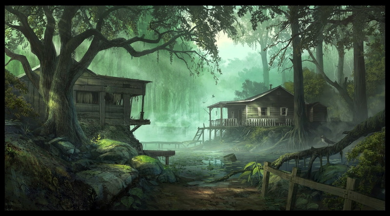 shack, digital art, fantasy art, concept art, artwork, swamp, wood, 720P, forest, Andree Wallin