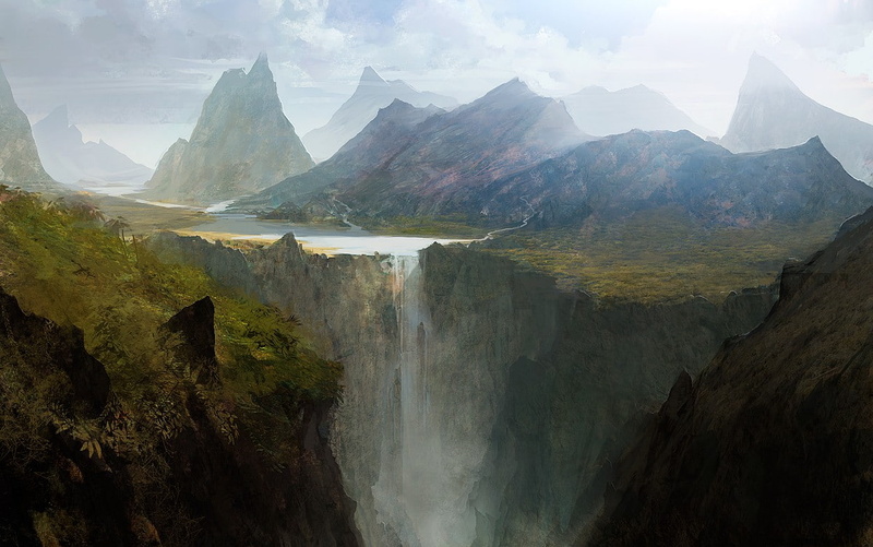 nature, 480P, Andree Wallin, waterfall, artwork, mountains, water, concept art, landscape