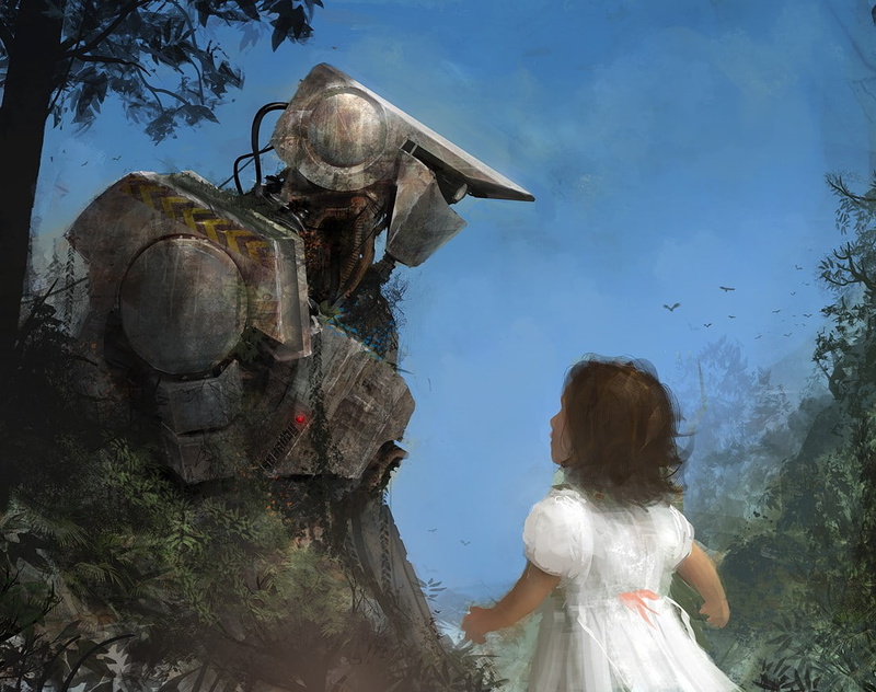 trees, fantasy art, robot, concept art, birds, women, digital art, science fiction, 480P, Andree Wallin, artwork