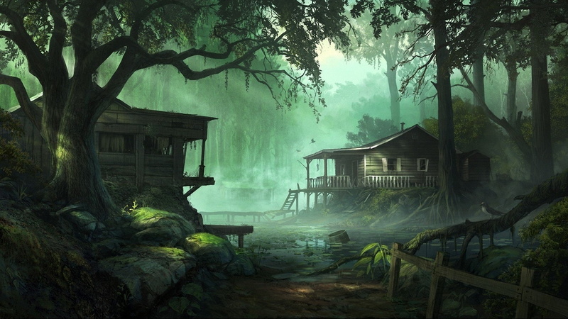 Trees, Andree, Wallin, Dark, artwork, forests, houses, nature, 1080P