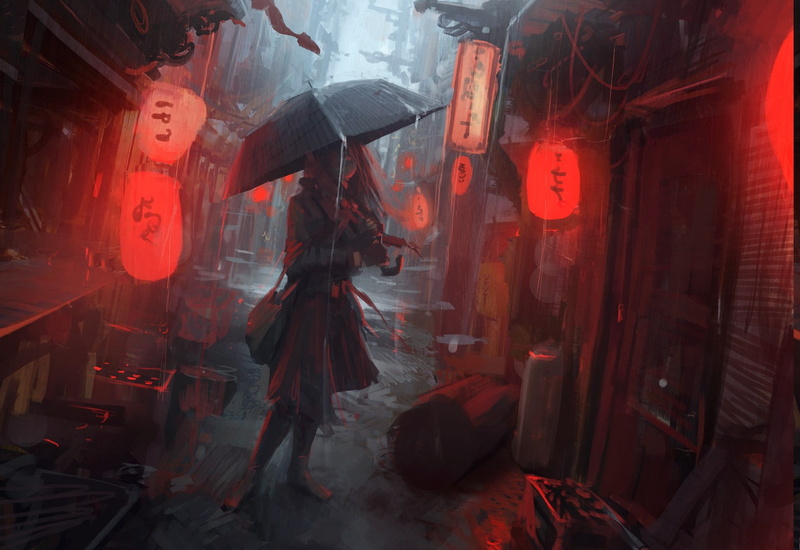 street, architecture, protection, standing, red, wet, walking, security, motion, people, holding, digital art, Urban, adult, 720P, rainy season, city