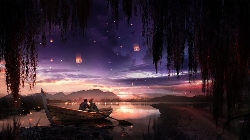 willow trees, t1na, 2K, Lanterns, artwork, boat, sunset