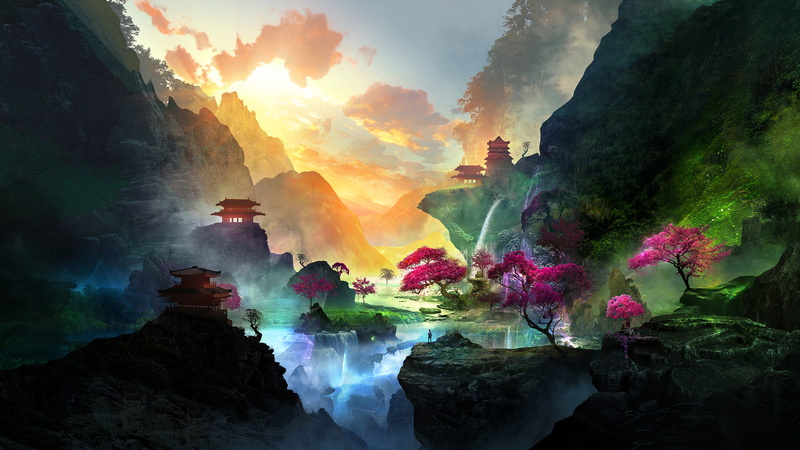 landscape, fantasy art, mountains, trees, t1na, waterfall, 2K