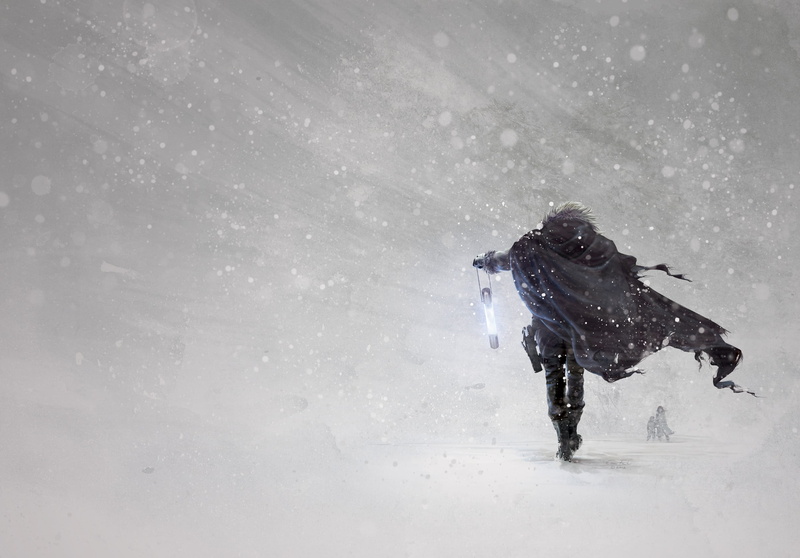 animal, fantasy art, wearing, full length, man, snowing, artwork, snowcapped mountain, mammal, storm, cape, outdoors, warm clothing, extreme weather