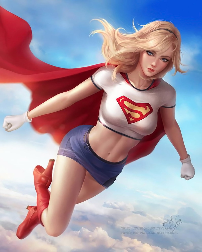Blondynki Też Grają, clouds, sky, Supergirl, flying, gloves, 720P, high heels, cape, blonde, DC Comics, blue eyes, women, drawing