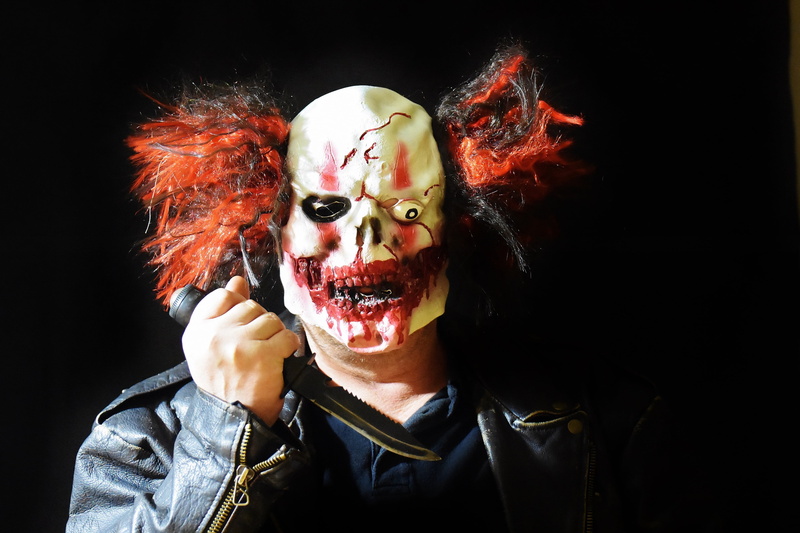 front view, stage Make-up, mass murderer, halloween, messy, adult, 4K, evil, man, horror, looking at camera, zombie, celebration, horror clown, fun, costume