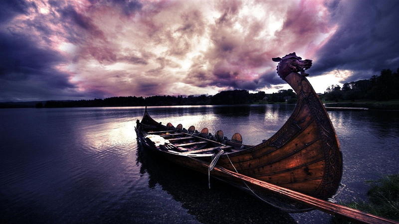 cloudy, viking age, lake, boat, evening, viking ship, water, landscape, drakkar, purple sky, 1080P