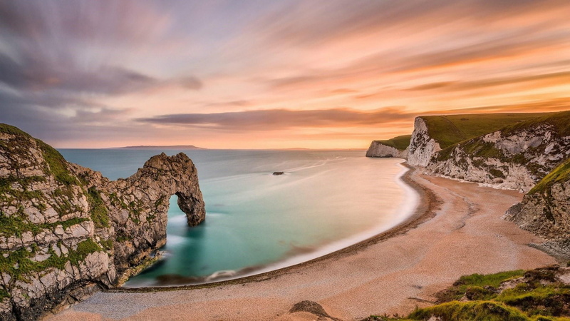 arch, sea, wareham, cloud, sky, rock, horizon, jurassic coast, coast, united kingdom, durdle door, cliff, shore, 1080P