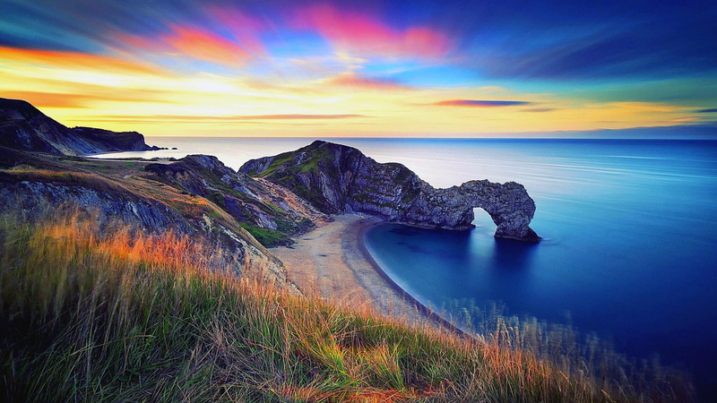 mount scenery, 1080P, headland, sea, england, jurassic coast, limestone, dorset, coast, mountain, europe, blue sea, arch, sky, sunset, promontory, horizon