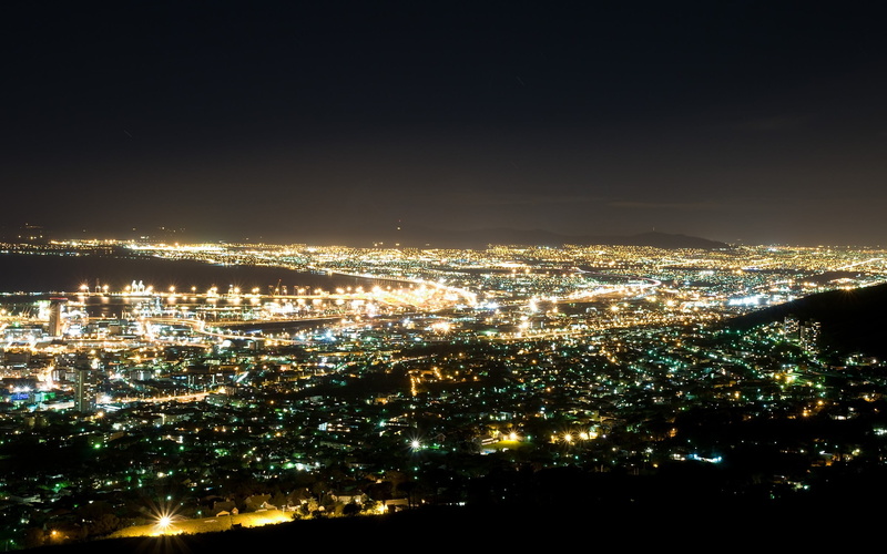 crowd, green, high angle view, water, city, settlement, sea, night, outdoors, aerial view, glowing, South Africa, crowded, sky, built structure, brown