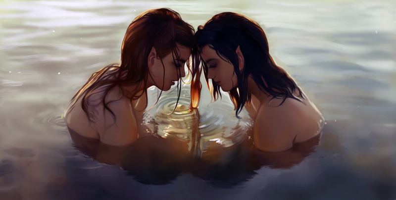 artwork, digital art, mood, pointy ears, fantasy, brunette, long hair, bare shoulders, wet, situation, girls, Elf, closed eyes, fantasy art, redhead, 2K