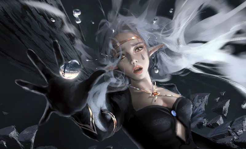 yellow eyes, fantasy art, fall, white hair, necklace, girl, digital art, 4K, face, WLOP, elf, cleavage, water drops, reflection, pointed ears, fantasy