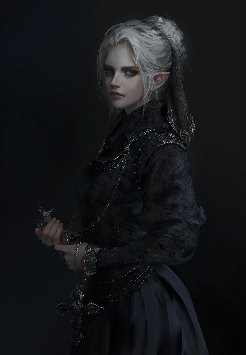 young woman, pointed ears, women, digital painting, black background, Black clothes, vertical, brides, 2K, digital art, white hair, cross, artwork, Nixeu