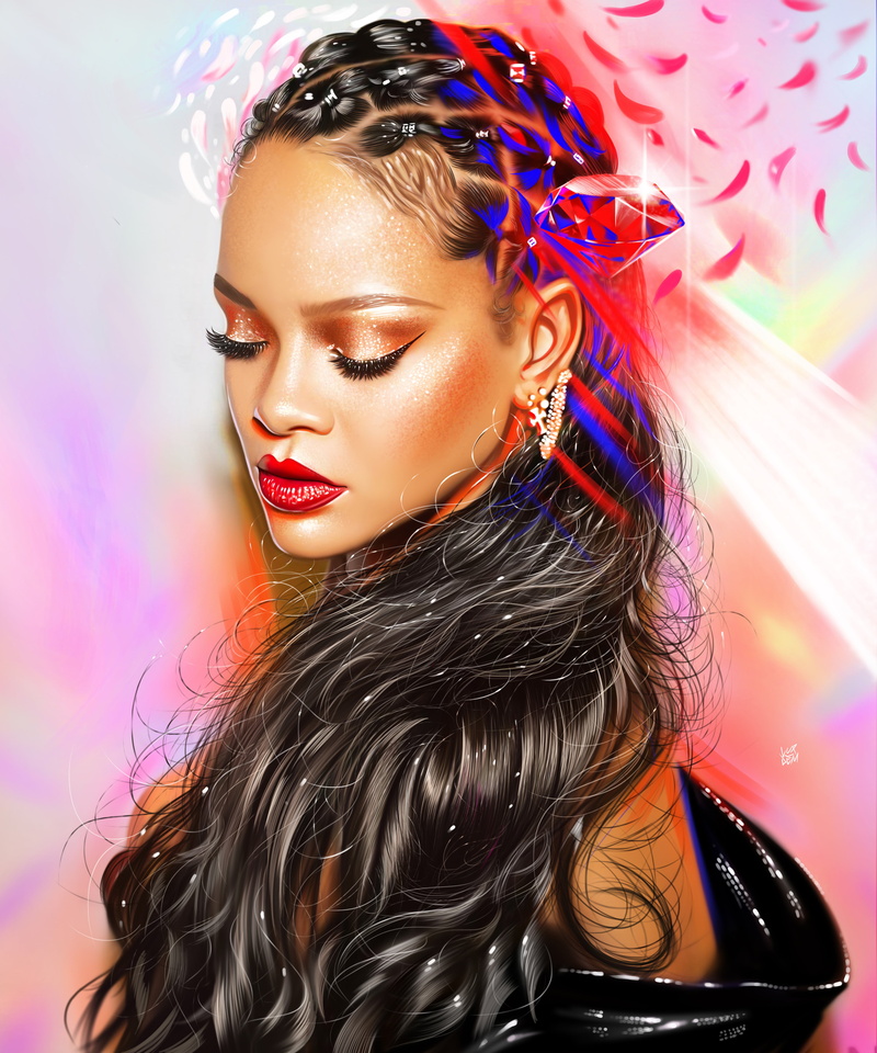 multicolored hair, closed eyes, eyelashes, 4K, singer, hair, leaves, dyed hair, juicy lips, earring, long hair, digital art, black hair, makeup, back
