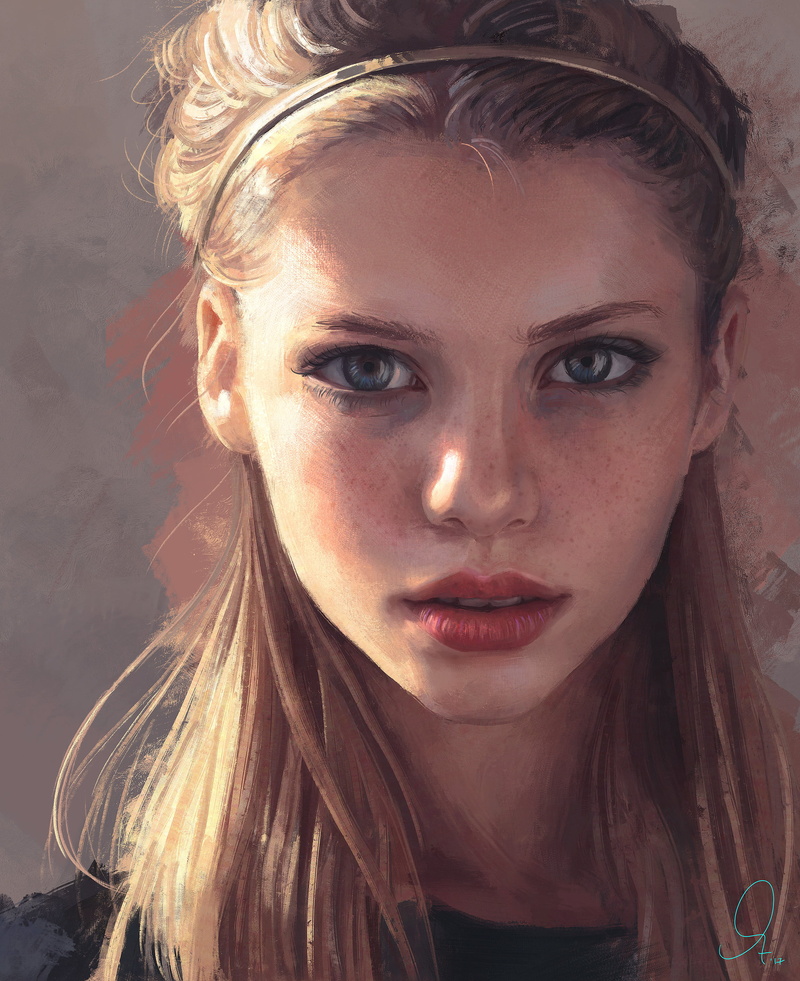 open mouth, looking at viewer, Mandy Jurgens, fan art, blond hair, freckles, portrait, blonde, wavy hair, women, simple background, young woman, blue eyes