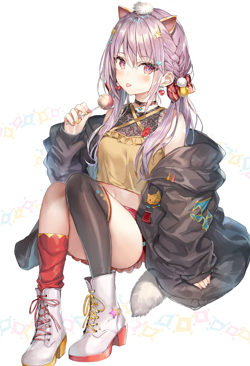 vertical, simple background, animal ears, long hair, artwork, green eyes, digital art, pink hair, boots, 720P, anime girls, socks, blue eyes, jacket, anime