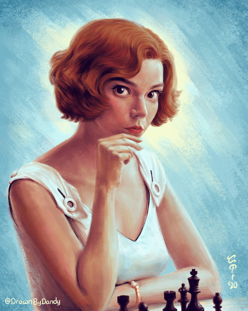 white clothing, Anya Taylor-Joy, digital painting, short hair, women, Beth Harmon, looking at viewer, artwork, chess, digital art, black eyes, redhead