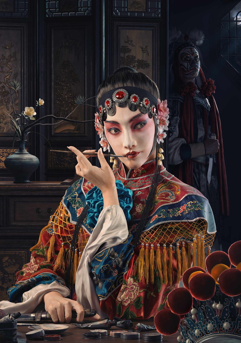 2K, indoors, artwork, digital art, looking at the side, looking away, portrait display, room, knife, face paint, sitting, flowers, digital painting, mask