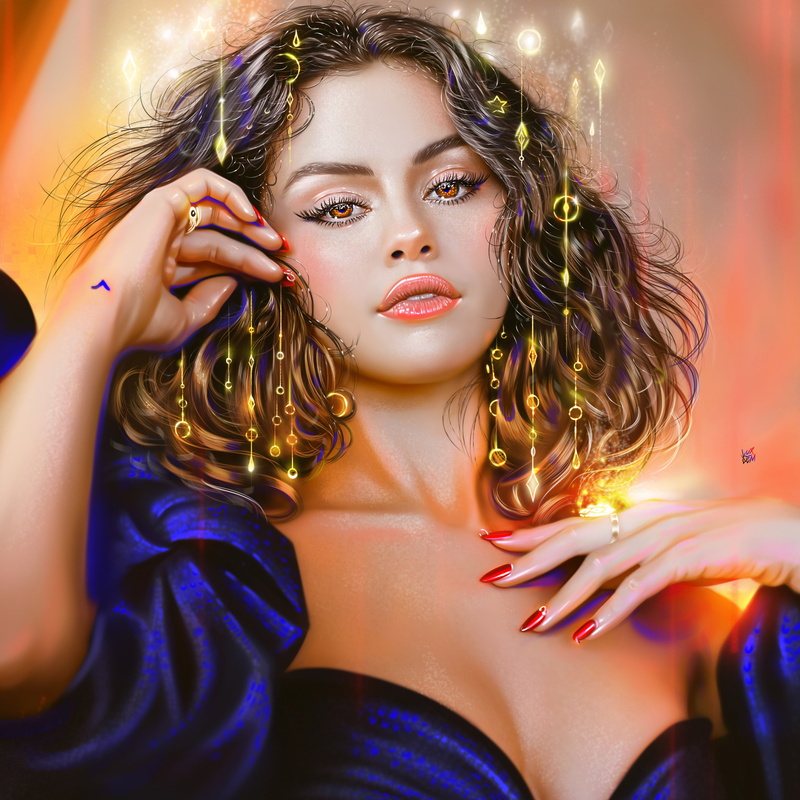 multicolored hair, touching hair, lip gloss, singer, colorful, blue dress, touching face, young woman, artwork, cleavage, Selena Gomez, pink lipstick, celebrity