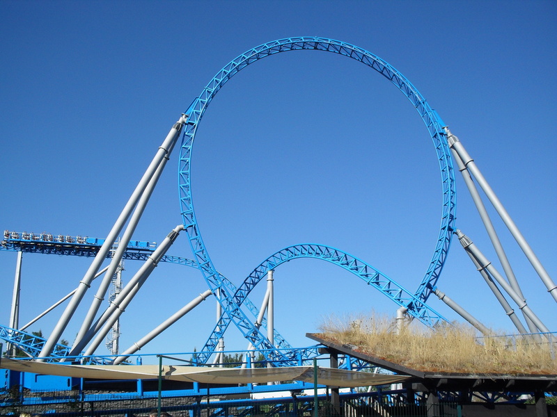 clear sky, connection, day, built structure, architecture, sunny, europa park, sky, metal, blue, loop, bridge - Man Made Structure, rollercoaster, amusement park