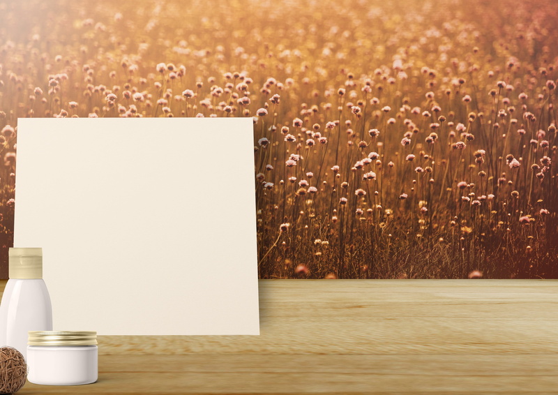 greeting card, brown, background image, cosmetics, template, rustic, information, body care, field of flowers, cream pot, mood, bottle, atmospheric, list