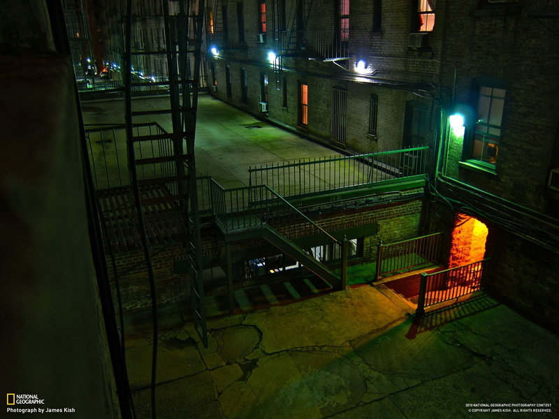 illuminated, green color, railings, city, transportation, building, architecture, lights, 720P, railing, building exterior, stairs, no people, road, outdoors
