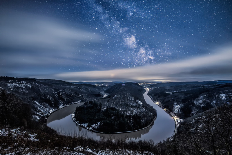 winter, the milky way, loop of the Saar, Germany, stars, meander, Saarschleife, horseshoe, river, night, January, 1080P, earth, Saar, bend