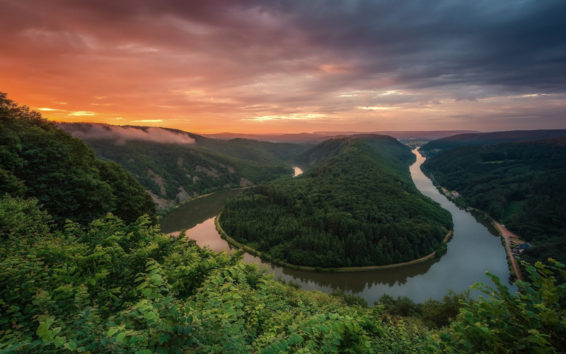 tree, sky, trees, mountain, tranquility, scenics - nature, green color, plant, Germany, no people, river bend, 2K, Spring, Summer, river, tranquil scene