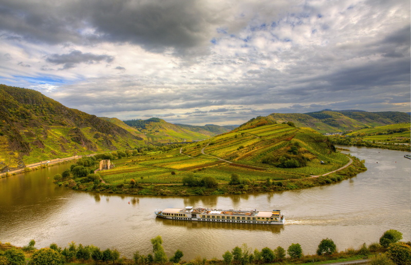 clouds, sky, river, landscape, Bremm, boat, HDR, 2K, mountains, germany, Nature