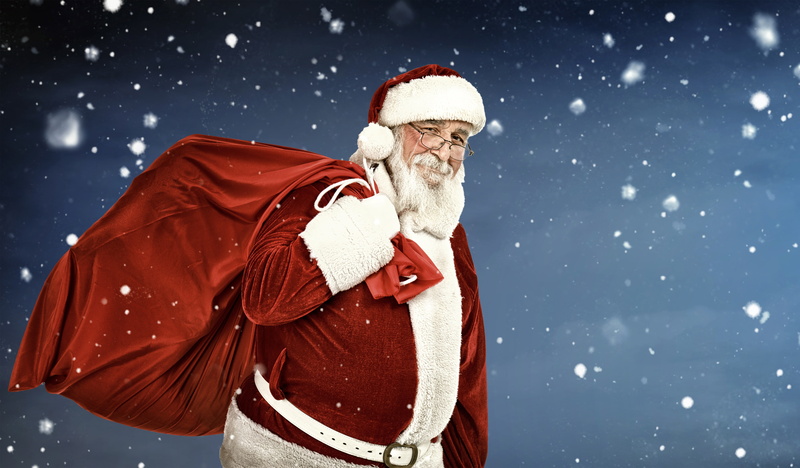 5K, background, bokeh, Christmas, gloves, winter, bag, gifts, holiday, snowflakes, hat, beard, Santa Claus, coat, New year, in red, glasses