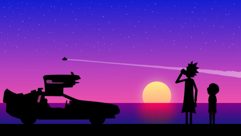 Time Machine, sunset, car, 2K, Rick and Morty, silhouette, caricature, DeLorean