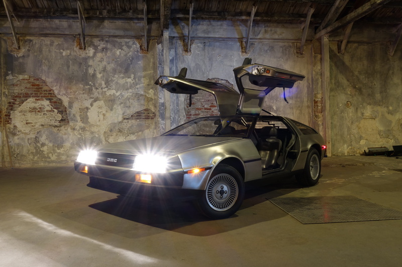 transportation, street, stainless steel, parking, illuminated, scooter, sunlight, back to the future, delorean, bttf, land vehicle, city, asphalt, headlight