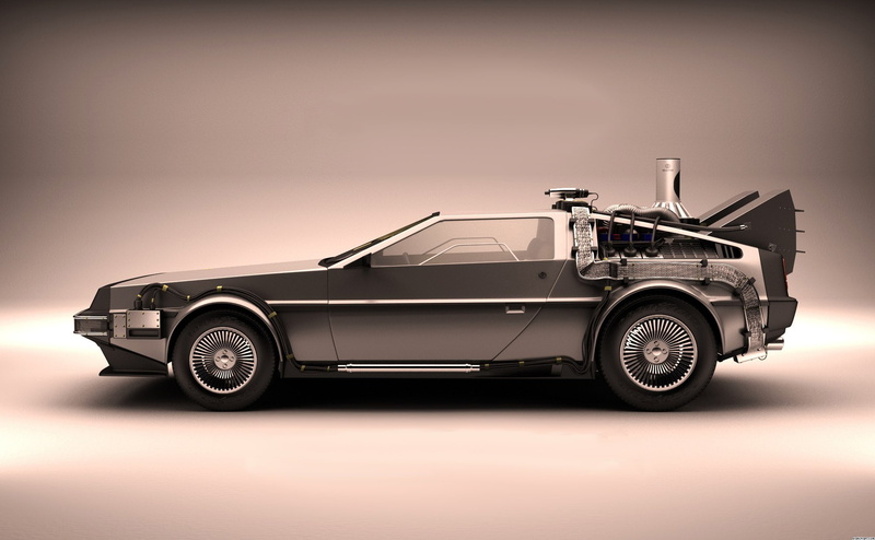 car, colored background, wheel, side view, DMC DeLorean, toy, The Time Machine, business, gray background, truck, single object, Back To The Future, metal