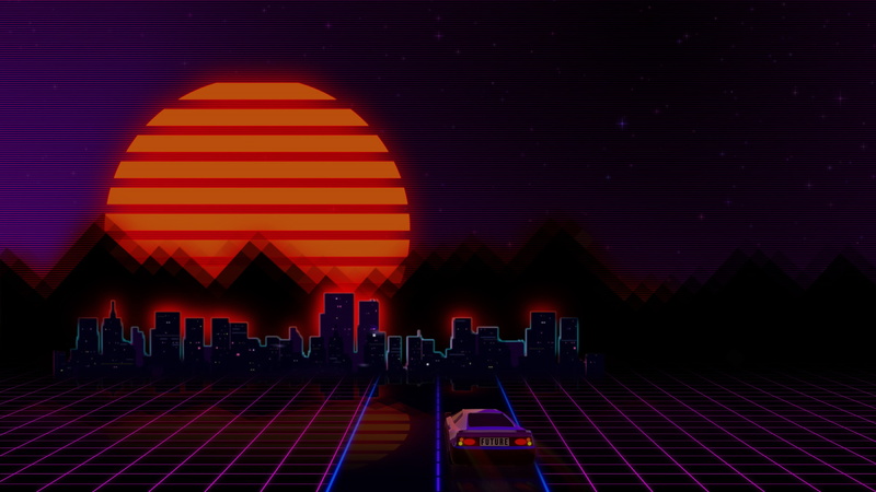 vaporwave, glitch art, city, synthwave, 4K, digital art, Retrowave, grid, Sun, DMC DeLorean