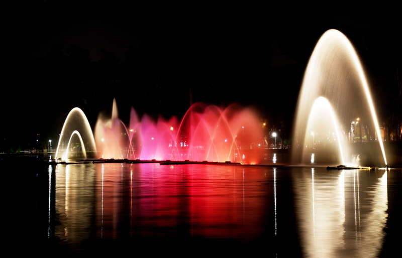 ibirapuera park, waterfront, arts culture and entertainment, dancing waters, water show, city at night, night vision, lake, reflection, urban, arch, city night