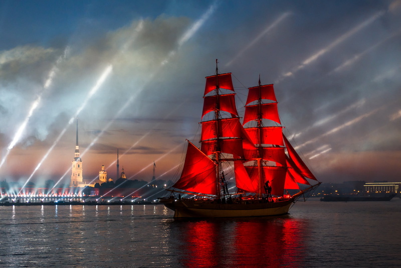 night, show, Peter, Saint Petersburg, ship, river, the city, holiday, 1080P, Neva, Scarlet sails