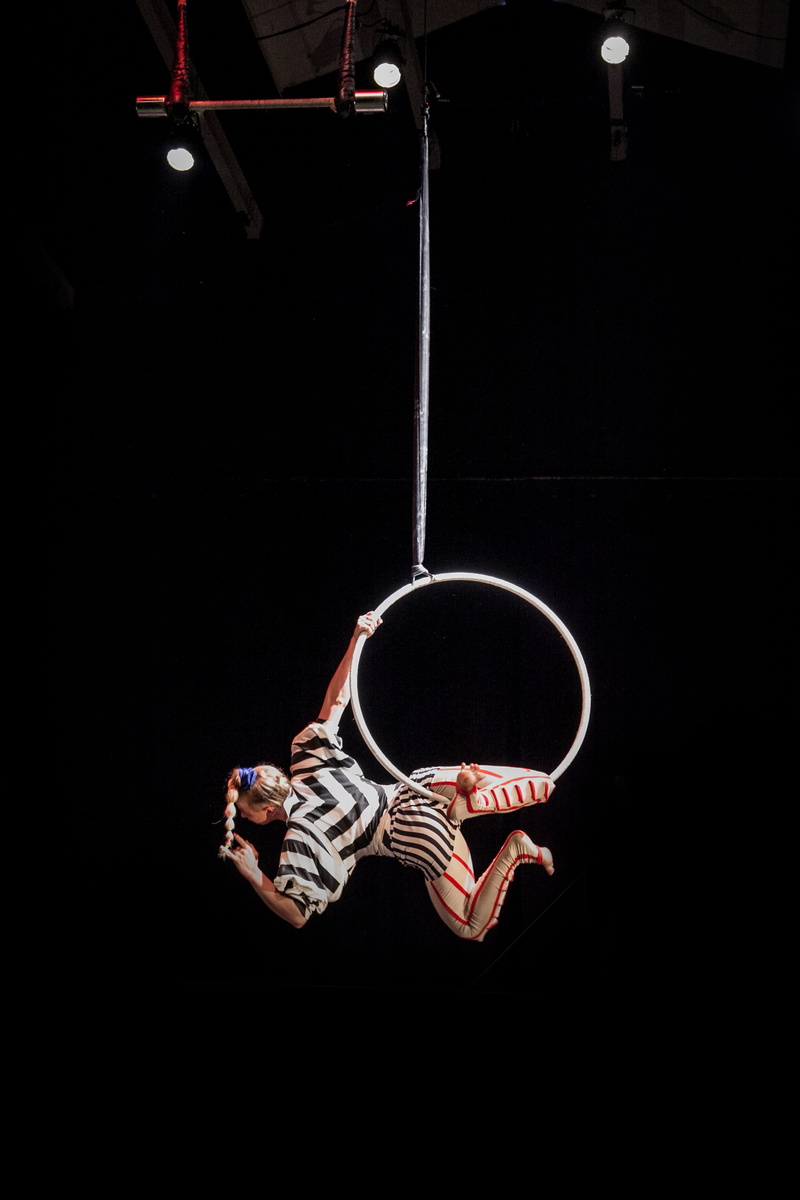 person, white, active, balance, acrobatic, one man only, circus aerial hoop, black background, performance, body, circus, top, contemporary, color, training