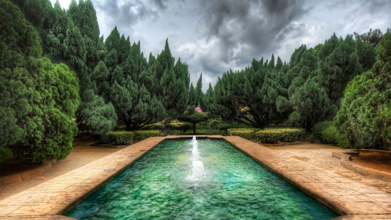 nature, beauty in nature, fountain, idyllic, overcast, HDR, forest, park, power in nature, plant, tree, ground, motion, brown, outdoors, storm, sky, pool