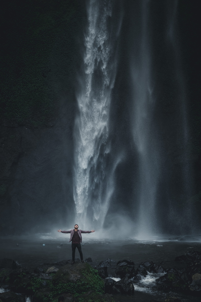 river, flowing water, guy, motion, arms out, gray, standing, male, long exposure, waterfall, lifestyles, scenics - nature, adventure, full length, arms
