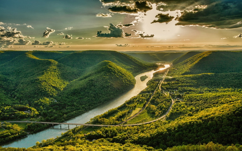 bridge, mountains, plant, highway, landscape, valley, idyllic, sky, sunset, outdoors, non-urban scene, scenics - nature, no people, water, tranquility