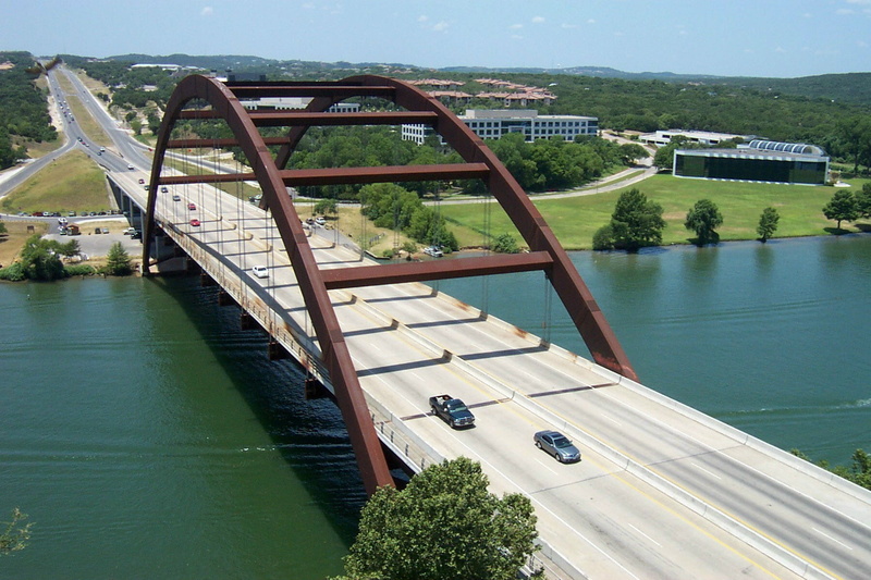 river, connection, sunlight, pennybacker, no people, transportation, plant, travel, high angle view, tree, road, Texas, day, building exterior, built structure
