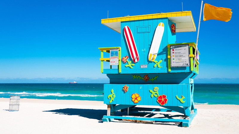 sky, summer, sand, usa, miami, outdoors, blue sky, vacation, no people, florida, tranquil scene, blue ocean, beach, day, scenics - nature, lifeguard hut