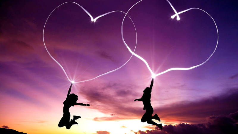 person, heart, bright, jump, freedom, glowing, man, happy, silhouette, people, romantic, 4K, love, light art, happiness, woman, purple sky, peace