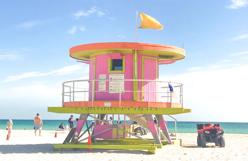 miami beach, sea, vacations, cloud - sky, sky, men, outdoors, florida, tropical, outdoor, lifeguard, pink, south beach, united states, land, trip, flag